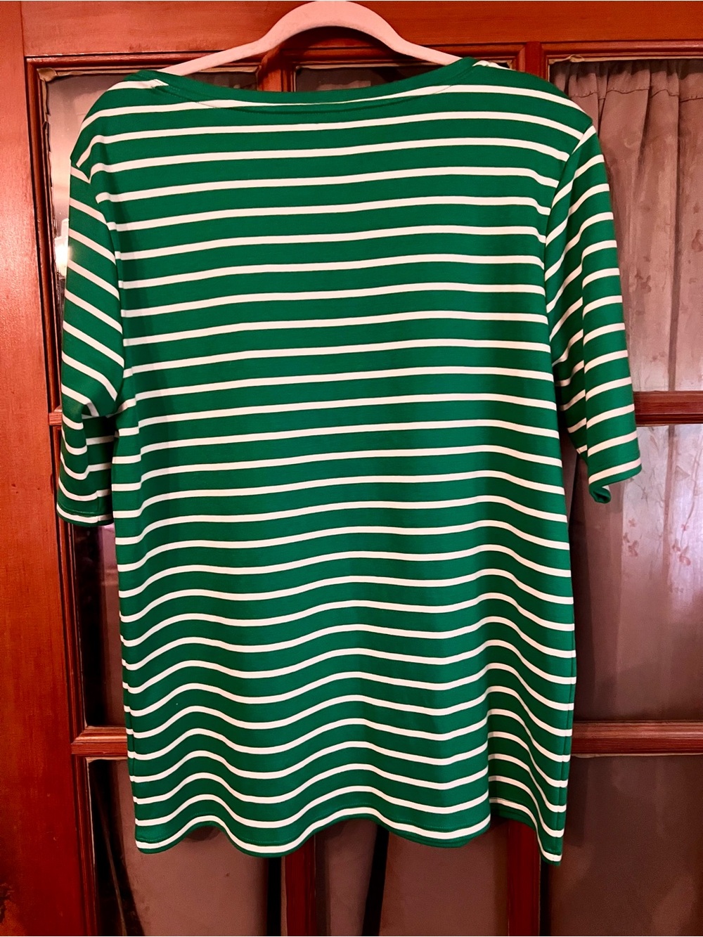 Lands' End Green & White Striped Boatneck elbow sleeve button shoulder Tee - Picture 2 of 5